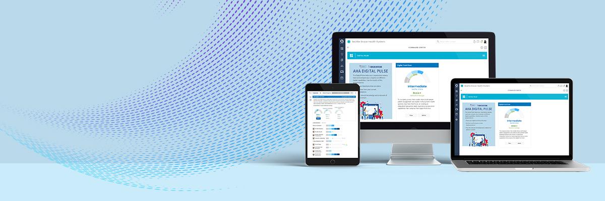 AHA Digital Pulse Discover banner. AHA Digital Pulse screen shown on desktop computer, laptop computer, and tablet.